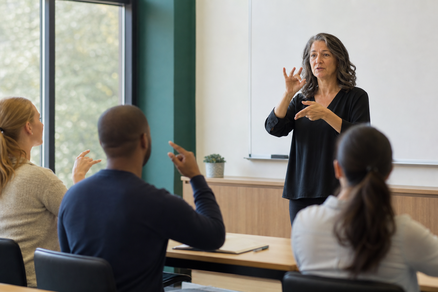 ASL instructor and students communicating in a classroom setting